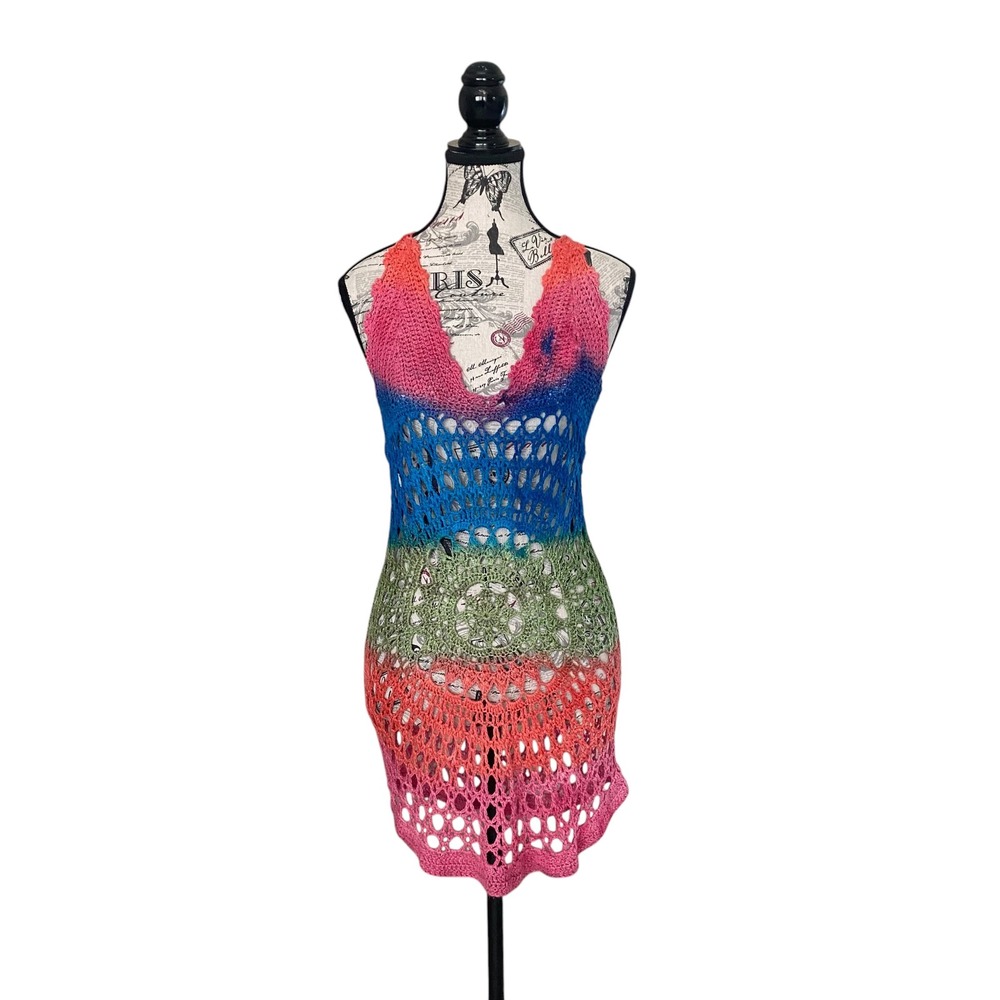 Miroa Crochet Dress Women S/M Rainbow Tie Dye Halter Mini Boho Festival Coverup